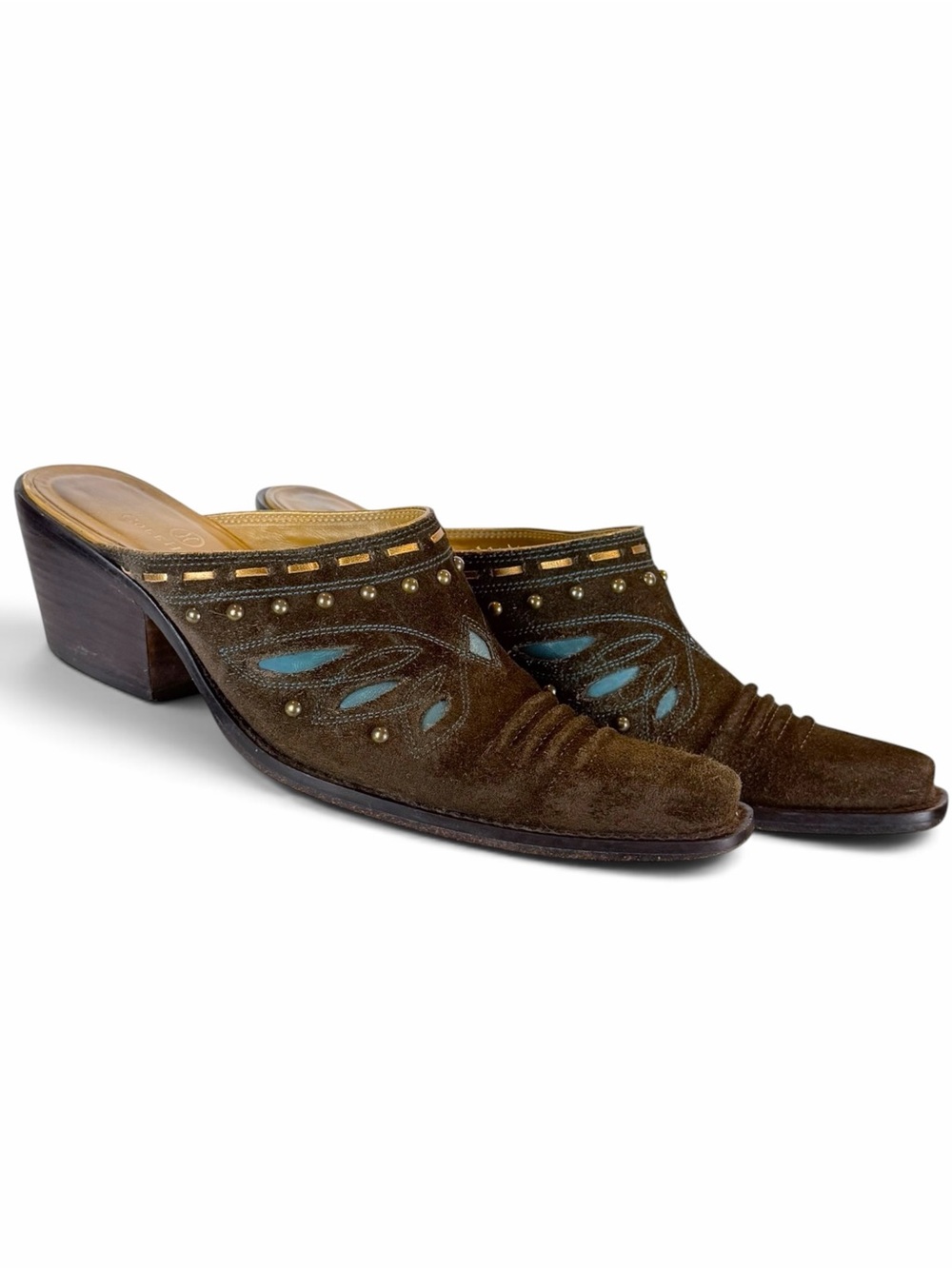 Vintage Cole Haan Made in Brazil Morgan Western Brown Suede Mule Teal Cutouts 9